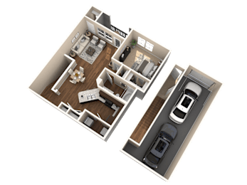 A 3D floor plan of a house showing a living room, kitchen, and two bedrooms.