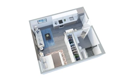 a floor plan of a one bedroom apartment with a bathroom and a balcony at Edendale Crossing, Los Angeles