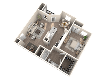 A 3D floor plan of a house with multiple rooms and furniture.