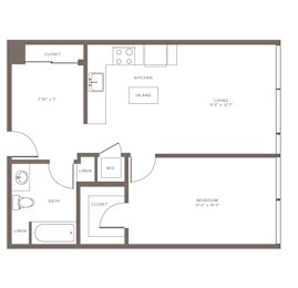 A floor plan of a small apartment with a bedroom, bathroom, kitchen, and living room.