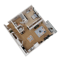 A 3D rendered image of a house layout.