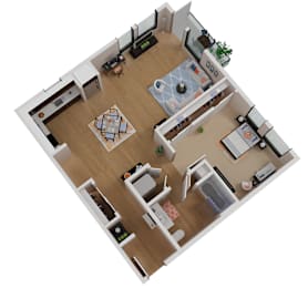 A top down view of a kitchen, living room, dining room and hallway.