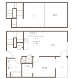 A floor plan of a house with a loft, kitchen, living room, and bathroom.