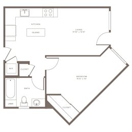 A floor plan of a small apartment with a kitchen, bathroom, and two closets.