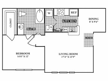 A floor plan of a house with a living room, dining room, kitchen, bathroom, and bedroom.