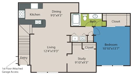 A floor plan of a small apartment with a living room, kitchen, dining room, bedroom, and study.