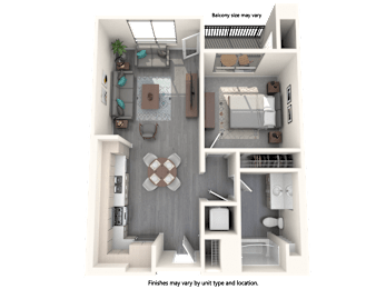 A 3D floor plan of a small apartment with a note that balcony size may vary and finishes may vary by unit type and location.