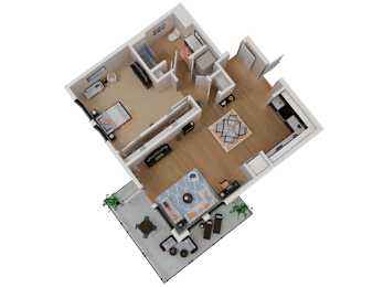 A top-down view of a house layout with a kitchen, living room, dining area, and two bedrooms.