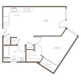 A floor plan of a home with a kitchen, living room, bedroom, and bathroom.
