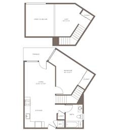 A floor plan of a house with a living room, kitchen, bedroom, bathroom and closet.