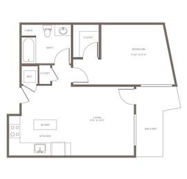 A floor plan of a small apartment with a living area, kitchen, and two bedrooms.