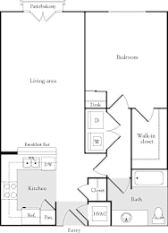 A floor plan of a home showing a living area, kitchen, and bedroom.