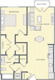 a floor plan of a bedroom apartment with a kitchen and a living room