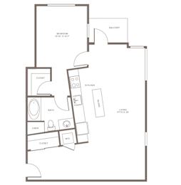 A floor plan of an apartment with a bedroom, living room, kitchen, bathroom, and closets.