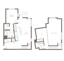 A floor plan of a two-story home with a living room, bedroom, kitchen, bathroom, and closet.