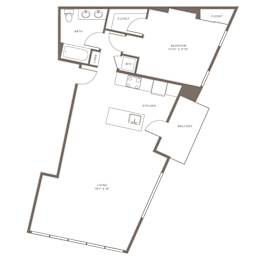 A floor plan of a house with a living room, kitchen, two bedrooms, a bathroom, and a balcony.