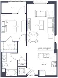 A black and white floor plan of a house with a patio, bedroom, living room, walk-in closet, bath, and kitchen.