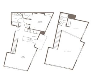 A floor plan of a two-story house with a living room, kitchen, bathroom, and bedrooms.