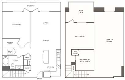 A floor plan of a house with a balcony, bedroom, living room, dining room, kitchen, bathroom, and mechanical attic space.
