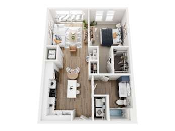 A top down view of a small apartment with a kitchen, living room, and bedroom.