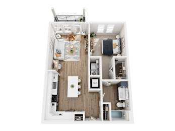 A top down view of a small apartment with a kitchen, living room, and bathroom.
