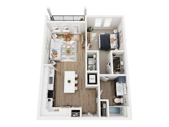 A top-down view of a small apartment with a kitchen, living room, and bedroom.