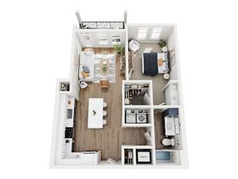 A top down view of a small apartment with a kitchen, living room, and bedroom.