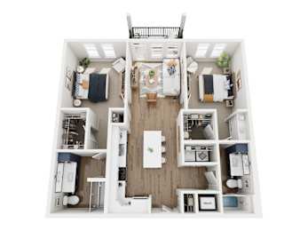 A top-down view of a small, neatly organized apartment with a kitchen, living room, and bedrooms.