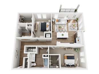 A top-down view of a modern apartment layout.
