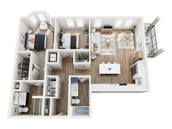 A top-down view of a small apartment with a kitchen, living room, and bathroom.