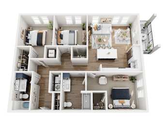 A top-down view of a small apartment layout with a kitchen, living room, and bedrooms.