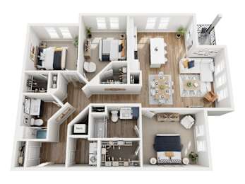 A top-down view of a modern apartment layout with multiple rooms and furniture.
