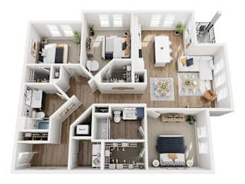 A top-down view of a modern apartment layout with multiple rooms and furniture.