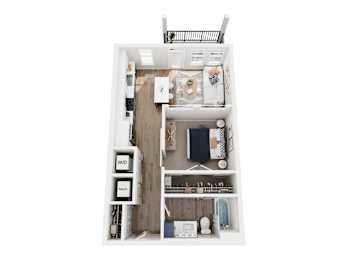 A top down view of a small apartment with a kitchen, living room and bathroom.
