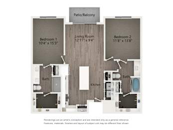A floor plan of a home with three bedrooms, a living room, a kitchen, and two bathrooms.