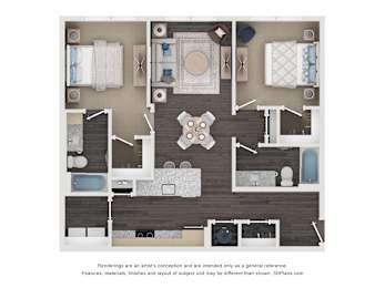A floor plan of a house with a kitchen, living room, and bathrooms.