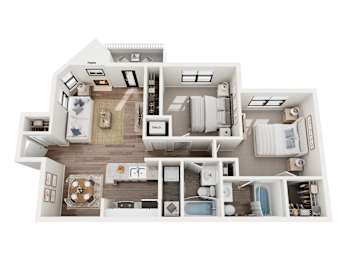 A detailed 3D floor plan of a modern apartment.