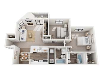 A cutaway view of a house showing the interior layout of the rooms.