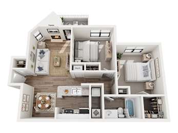 A 3D floor plan of a house with labeled rooms.
