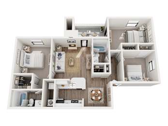 A top-down view of a small apartment layout with a kitchen, living room, and bedrooms.