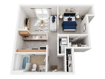 A top down view of a small apartment with a bedroom, living room, and bathroom.