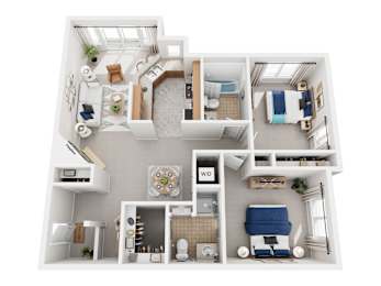 A white floor plan of a house with a kitchen, living room, dining room, and bathrooms.
