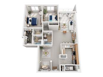 A top-down view of a small apartment layout with a kitchen, living room, and bedrooms.