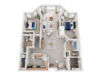 A top-down view of a small apartment layout with a kitchen, living room, and bedrooms.