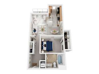 A top down view of a small apartment with a kitchen, living room, and bathroom.