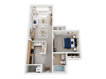 A top-down view of a small, neatly organized apartment with a kitchen, living room, and bathroom.