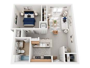 A top-down view of a small apartment with a bed, a kitchen, and a living area.