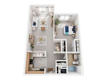 A top-down view of a small apartment with a kitchen, living room, and bedroom.