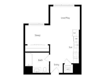 A floor plan of a house with a sleeping area, a living/play area, a bathroom, and an entry way.