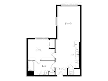 A floor plan of a house with a sleeping area, bathroom, eat-in area and a live/play area.